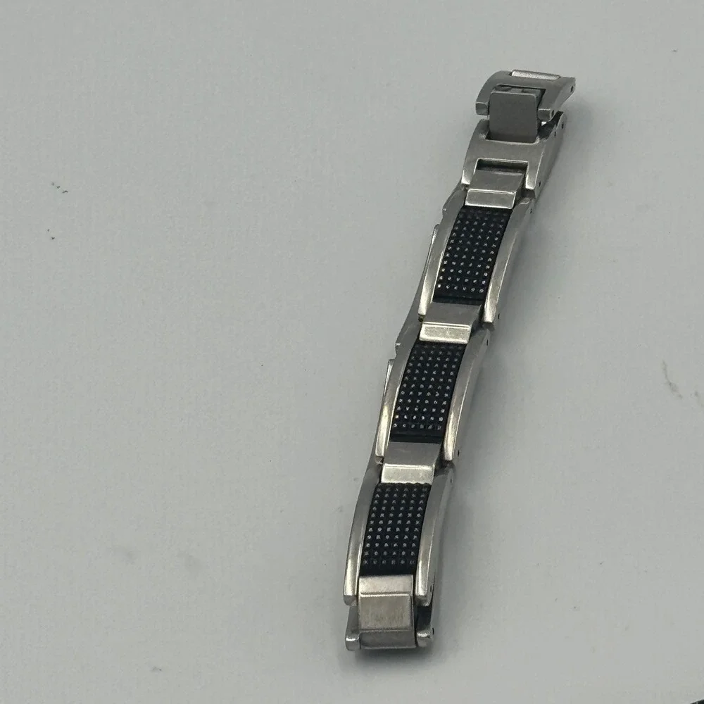 Mens Stainless Steel Link Bracelet‎ Silver Black Carbon Fiber Inlay Industrial